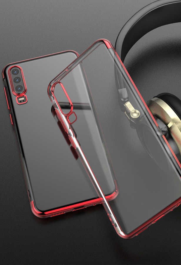 Huawei P30 Kılıf Dört Köşe Renkli Lazer Şeffaf Silikon Kapak (GLİTTER) Kırmızı