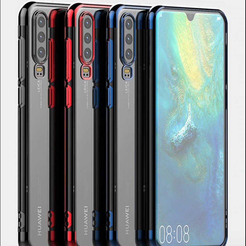 Huawei P30 Kılıf Dört Köşe Renkli Lazer Şeffaf Silikon Kapak (GLİTTER) Gri