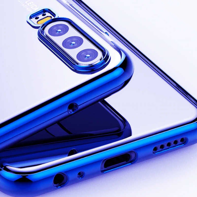 Huawei P30 Kılıf Dört Köşe Renkli Lazer Şeffaf Silikon Kapak (GLİTTER) Mavi