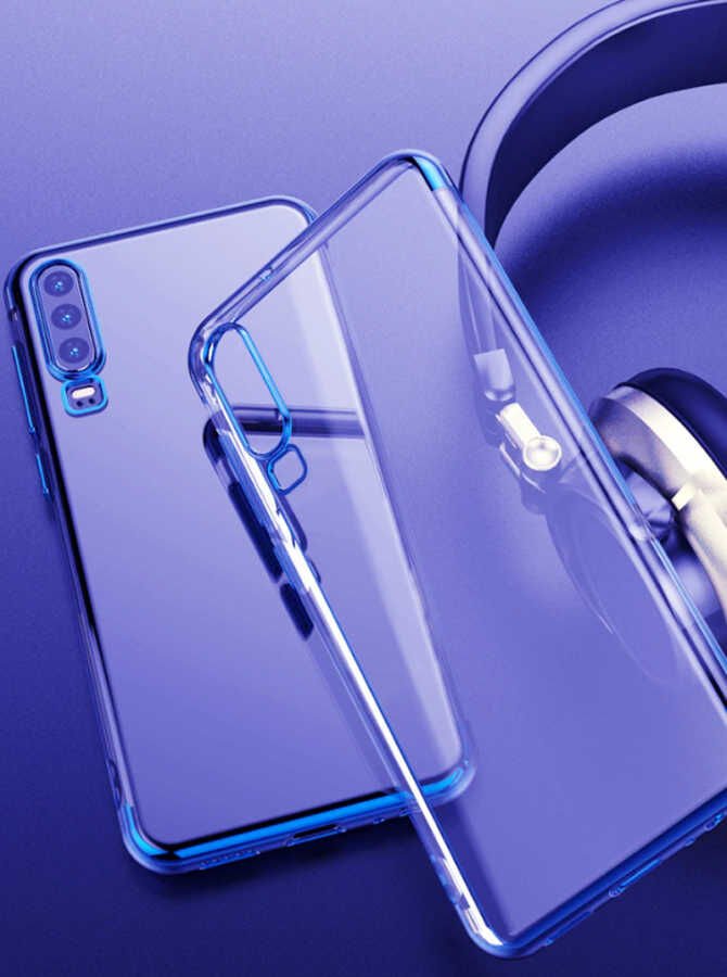 Huawei P30 Kılıf Dört Köşe Renkli Lazer Şeffaf Silikon Kapak (GLİTTER) Mavi