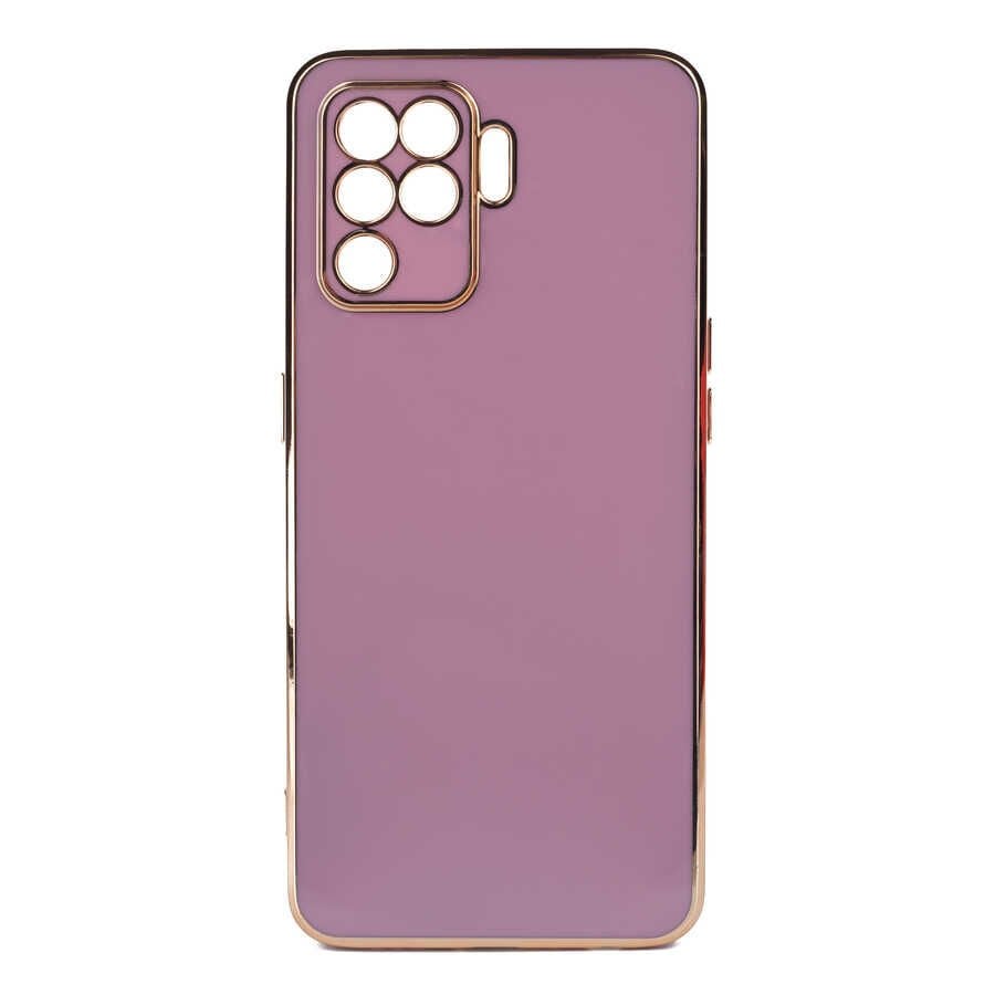 Oppo Reno 5 Lite Kılıf Parlak Kenarlı Altın Işlemeli Kamera Korumalı Kapak (BARK) Mor