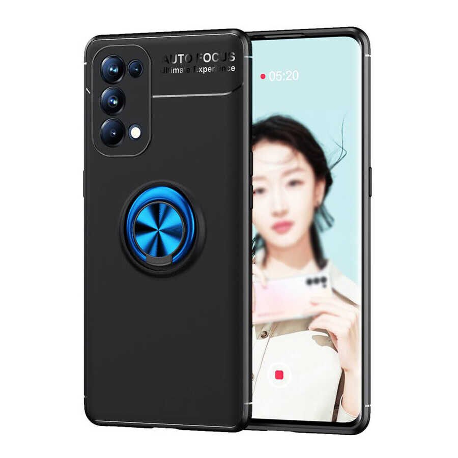 Oppo Reno 5 5G Kılıf Kamera Çıkıntılı Renkli Yüzüklü Standlı Mıknatıslı Kapak (RAVEL) Mavi