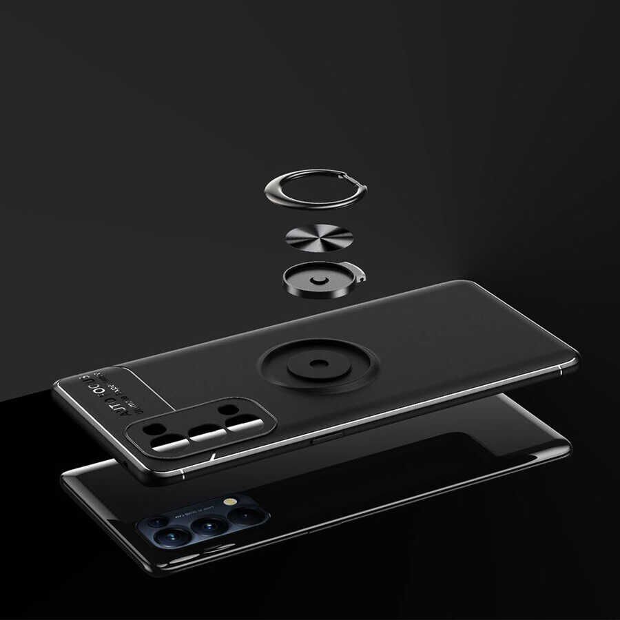 Oppo Reno 5 5G Kılıf Kamera Çıkıntılı Renkli Yüzüklü Standlı Mıknatıslı Kapak (RAVEL) Siyah-Mavi