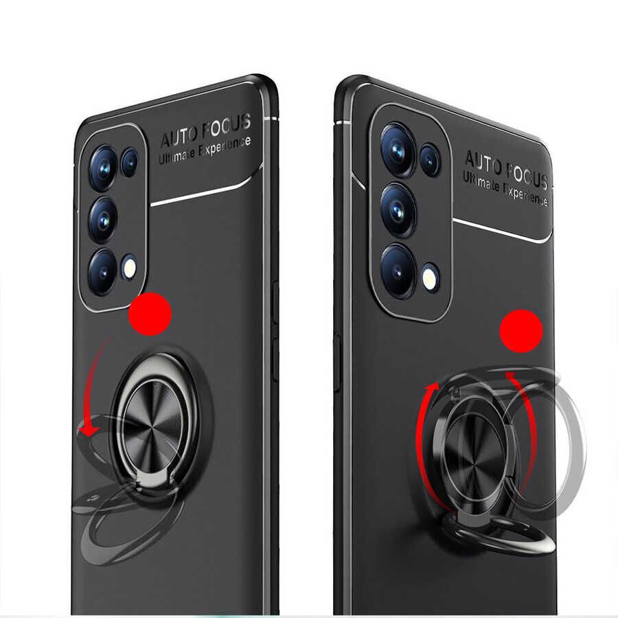 Oppo Reno 5 5G Kılıf Kamera Çıkıntılı Renkli Yüzüklü Standlı Mıknatıslı Kapak (RAVEL) Siyah-Mavi