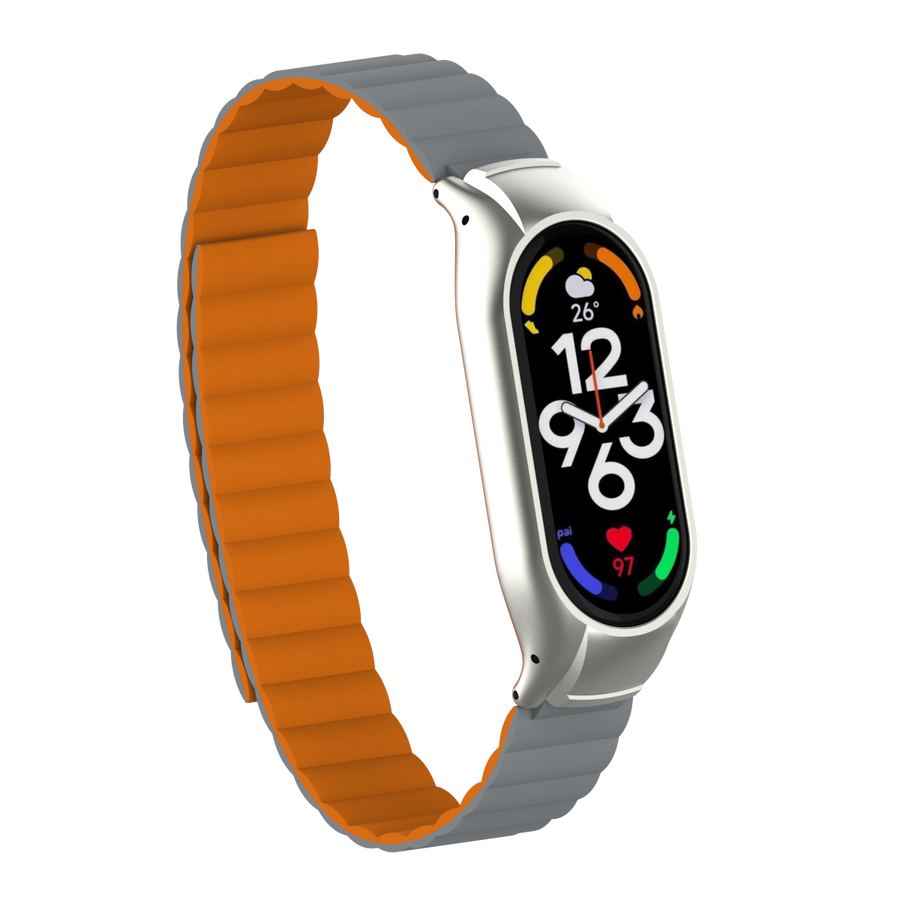 Xiaomi Mi Band 7 Kordon Çift Renkli Mıknatıslı Magnetic Deri Baklalı Tasarım (KRD-69) Gri-Turuncu