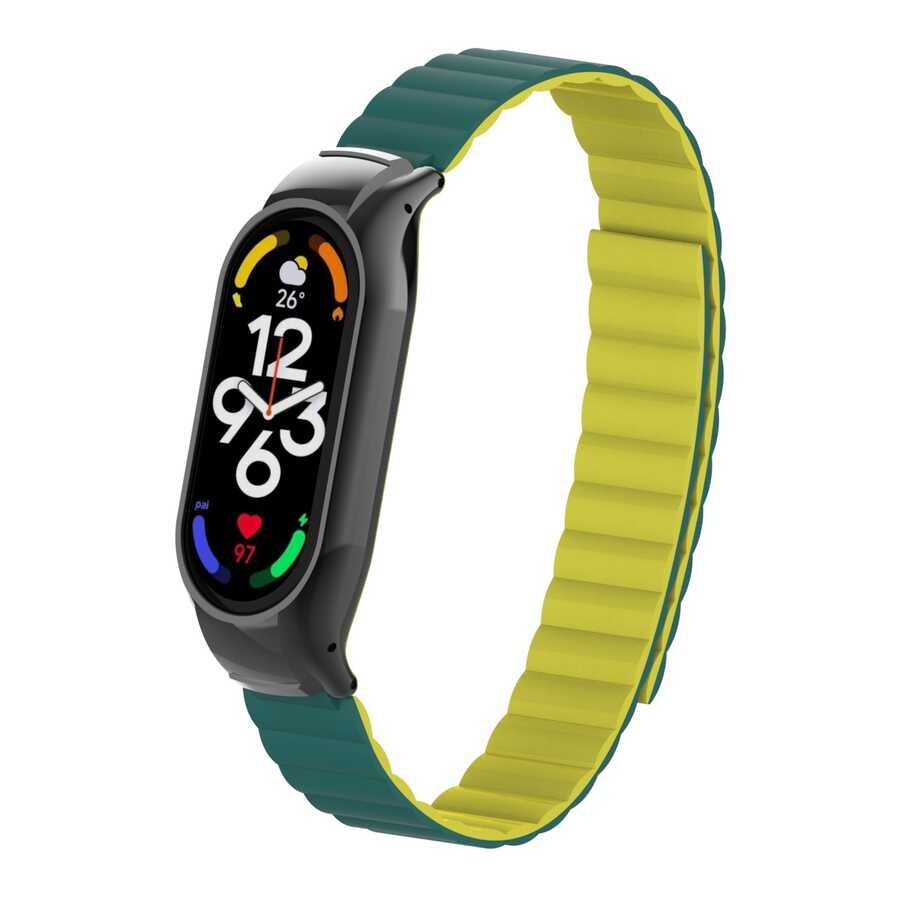 Xiaomi Mi Band 7 Kordon Çift Renkli Mıknatıslı Magnetic Deri Baklalı Tasarım (KRD-69) Koyu Yeşil-Sarı