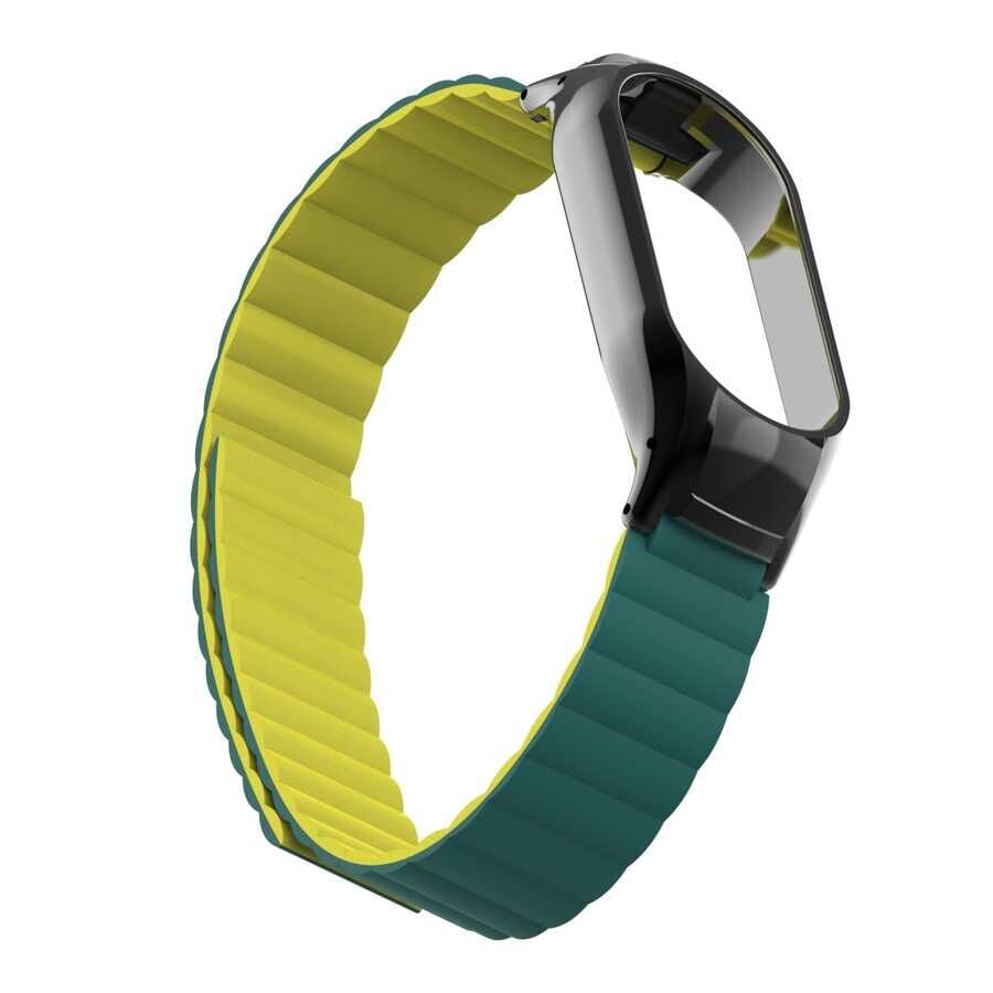 Xiaomi Mi Band 7 Kordon Çift Renkli Mıknatıslı Magnetic Deri Baklalı Tasarım (KRD-69) Koyu Yeşil-Sarı