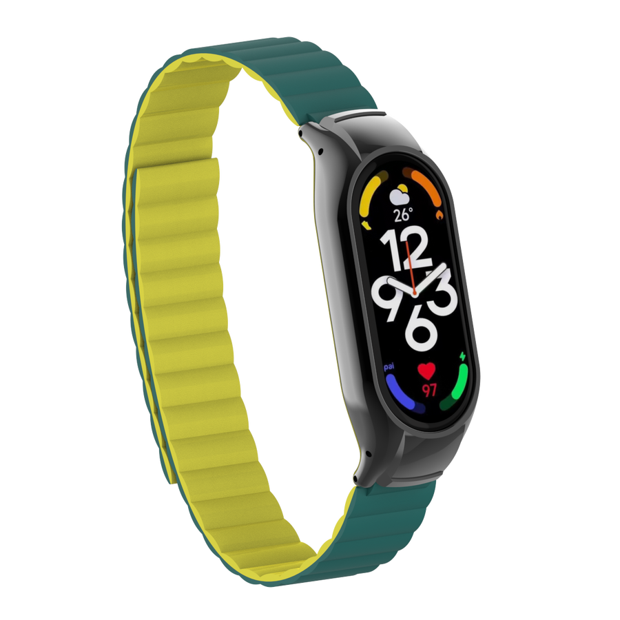 Xiaomi Mi Band 7 Kordon Çift Renkli Mıknatıslı Magnetic Deri Baklalı Tasarım (KRD-69) Koyu Yeşil-Sarı
