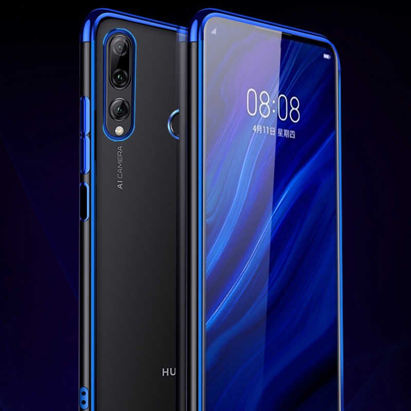 Huawei Y9 Prime 2019 Kılıf Dört Köşe Renkli Lazer Şeffaf Silikon Kapak (GLİTTER) Mavi