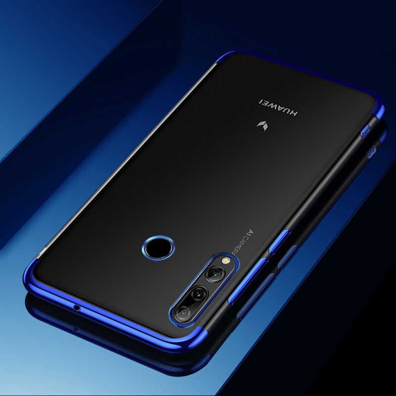 Huawei Y9 Prime 2019 Kılıf Dört Köşe Renkli Lazer Şeffaf Silikon Kapak (GLİTTER) Mavi
