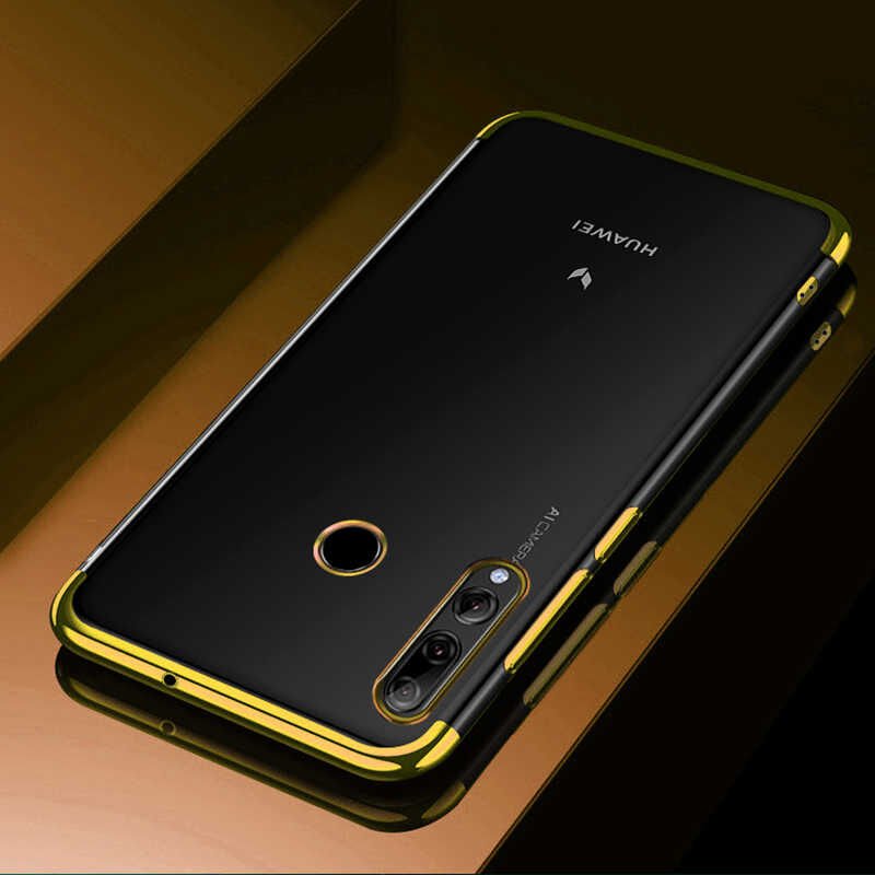 Huawei Y9 Prime 2019 Kılıf Dört Köşe Renkli Lazer Şeffaf Silikon Kapak (GLİTTER) Gold
