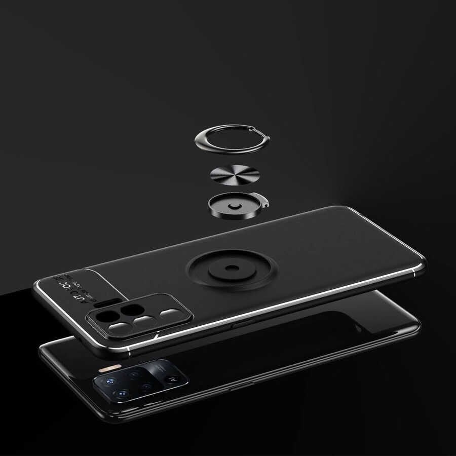 Oppo Reno 5 Lite Kılıf Kamera Çıkıntılı Renkli Yüzüklü Standlı Mıknatıslı Kapak (RAVEL) Siyah-Kırmızı