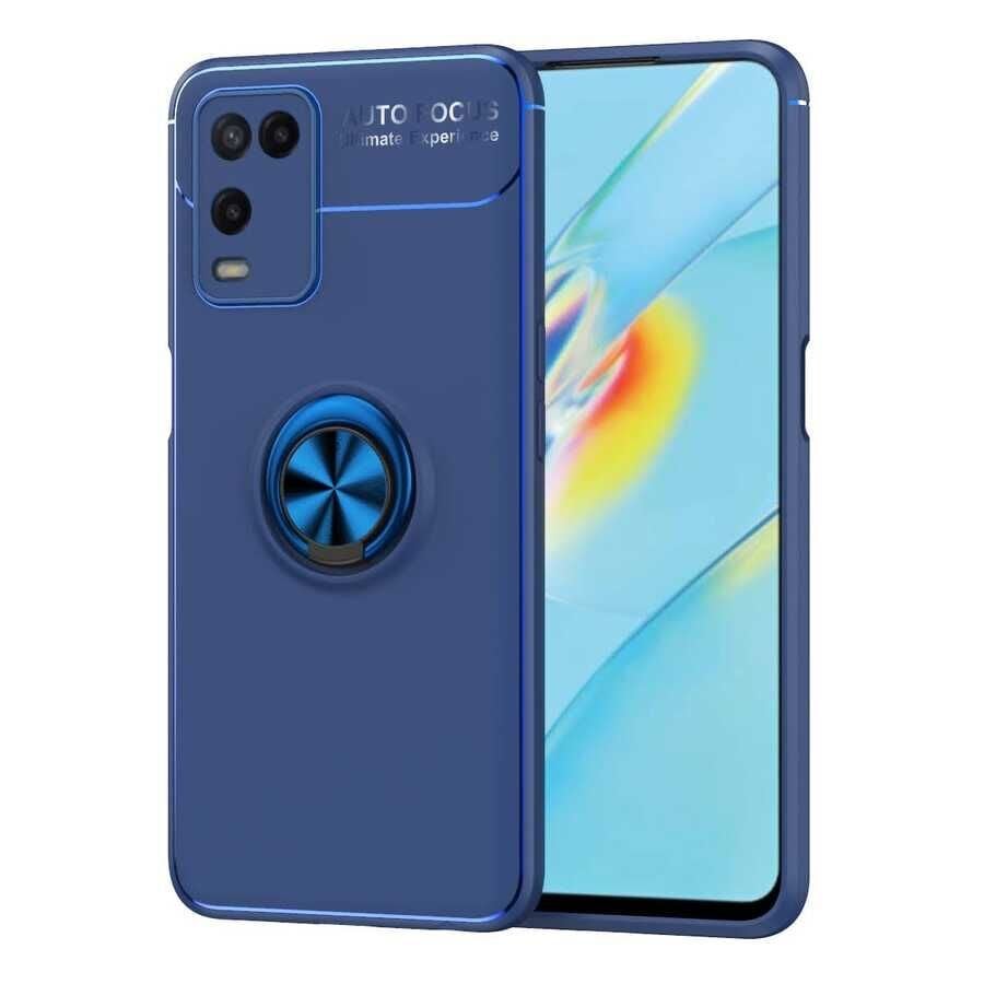 Oppo A54 4G Kılıf Kamera Çıkıntılı Renkli Yüzüklü Standlı Mıknatıslı Kapak (RAVEL) Siyah-Mavi