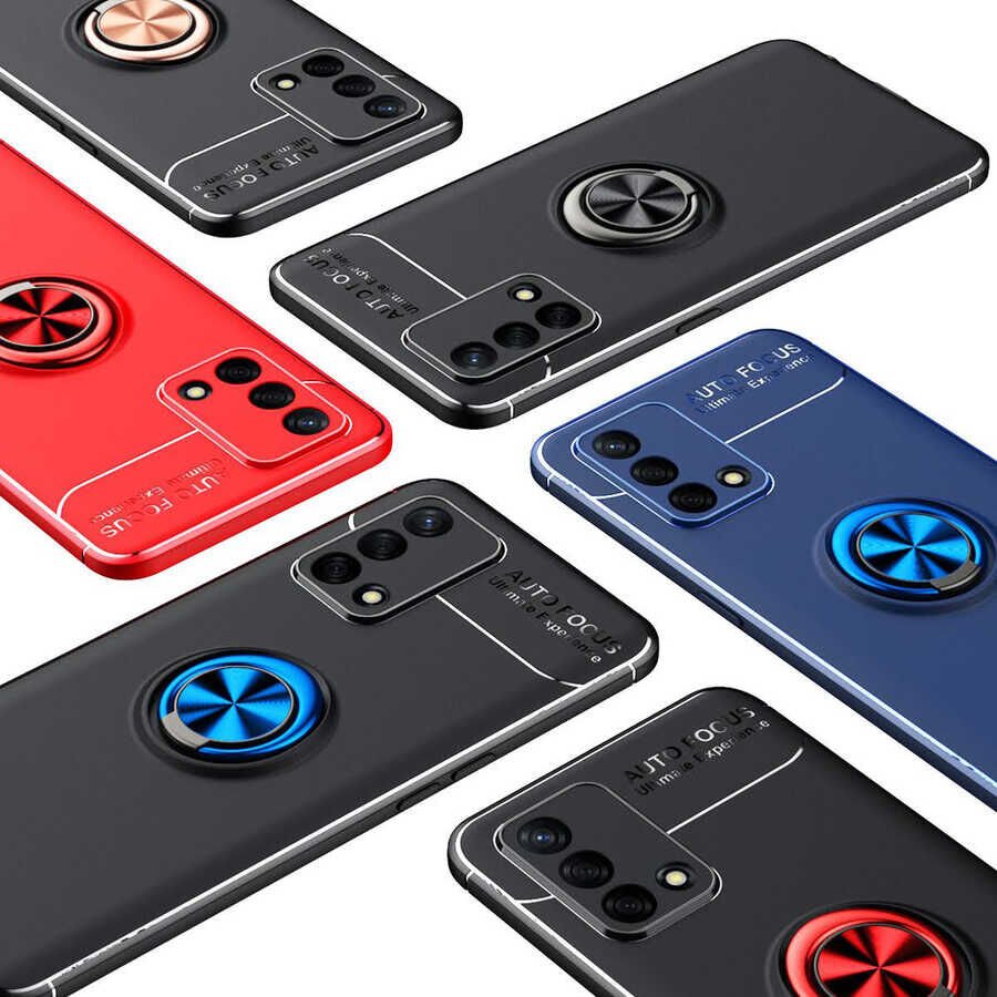 Oppo A74 4G Kılıf Kamera Çıkıntılı Renkli Yüzüklü Standlı Mıknatıslı Kapak (RAVEL) Siyah-Kırmızı