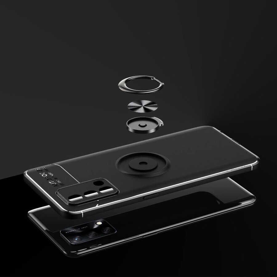 Oppo A74 4G Kılıf Kamera Çıkıntılı Renkli Yüzüklü Standlı Mıknatıslı Kapak (RAVEL) Siyah-Rose Gold