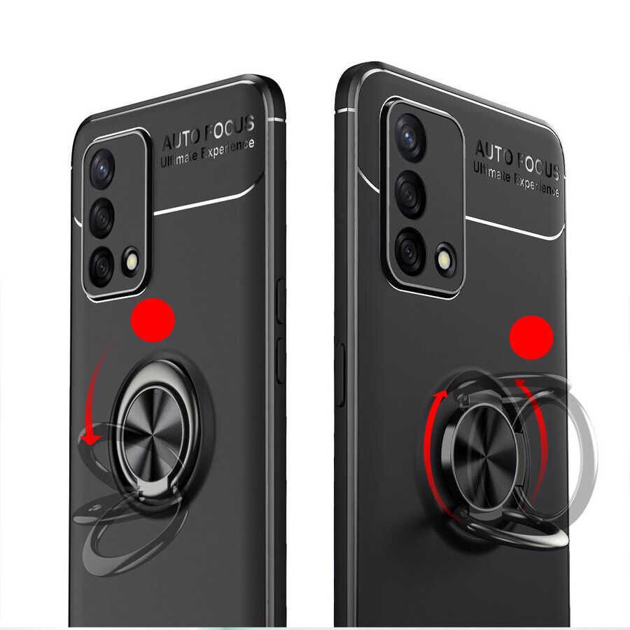 Oppo A74 4G Kılıf Kamera Çıkıntılı Renkli Yüzüklü Standlı Mıknatıslı Kapak (RAVEL) Siyah-Rose Gold