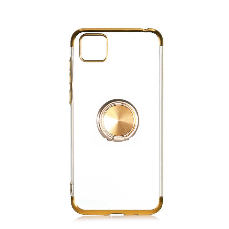 Huawei Y5P Kılıf Yüzüklü Standlı Silikon Köşeleri Renkli Kapak (GES) Gold
