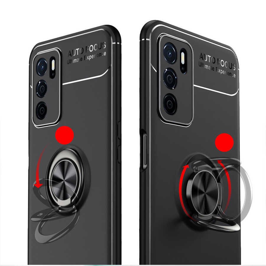 Oppo A16 Kılıf Kamera Çıkıntılı Renkli Yüzüklü Standlı Mıknatıslı Kapak (RAVEL) Siyah-Kırmızı