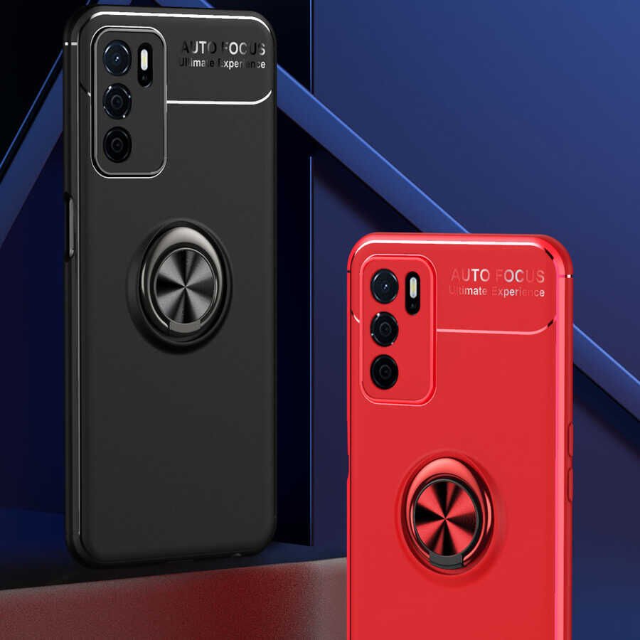 Oppo A16 Kılıf Kamera Çıkıntılı Renkli Yüzüklü Standlı Mıknatıslı Kapak (RAVEL) Siyah-Mavi