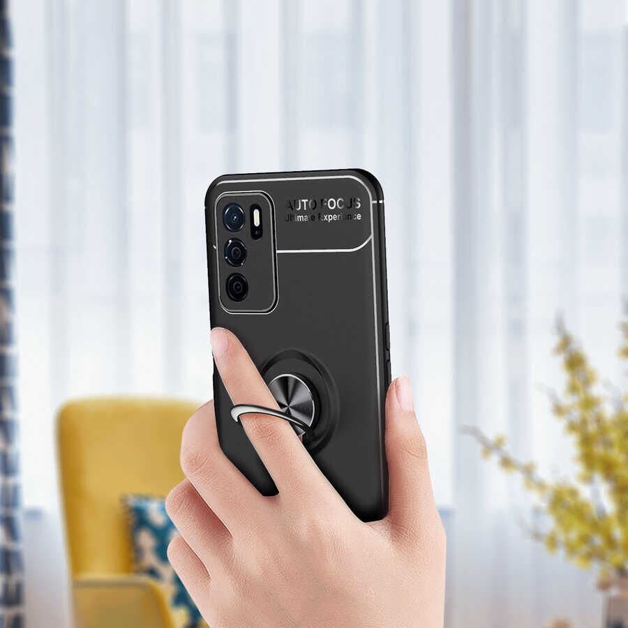 Oppo A16 Kılıf Kamera Çıkıntılı Renkli Yüzüklü Standlı Mıknatıslı Kapak (RAVEL) Siyah-Rose Gold