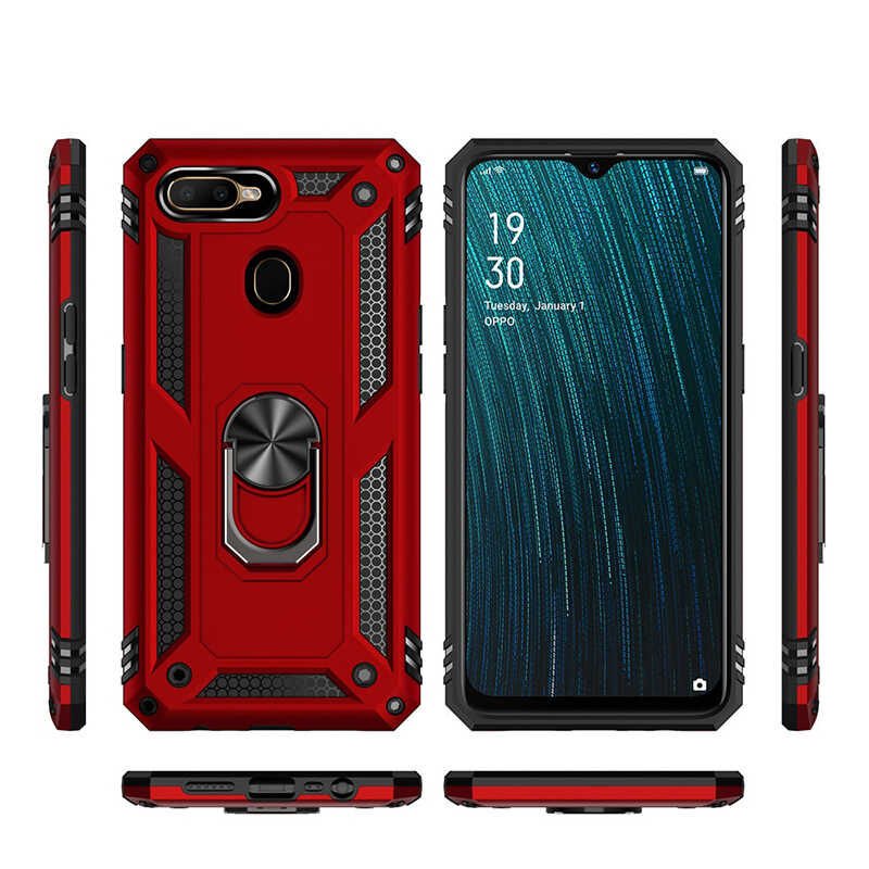 Oppo A5S Kılıf Tank Zırh Yüzüklü Mıknatıslı Standlı Kapak (VEGA) Kırmızı