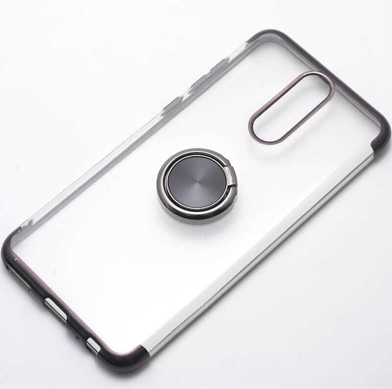 Huawei Mate 10 Lite Kılıf Yüzüklü Standlı Silikon Köşeleri Renkli Kapak (GES) Siyah