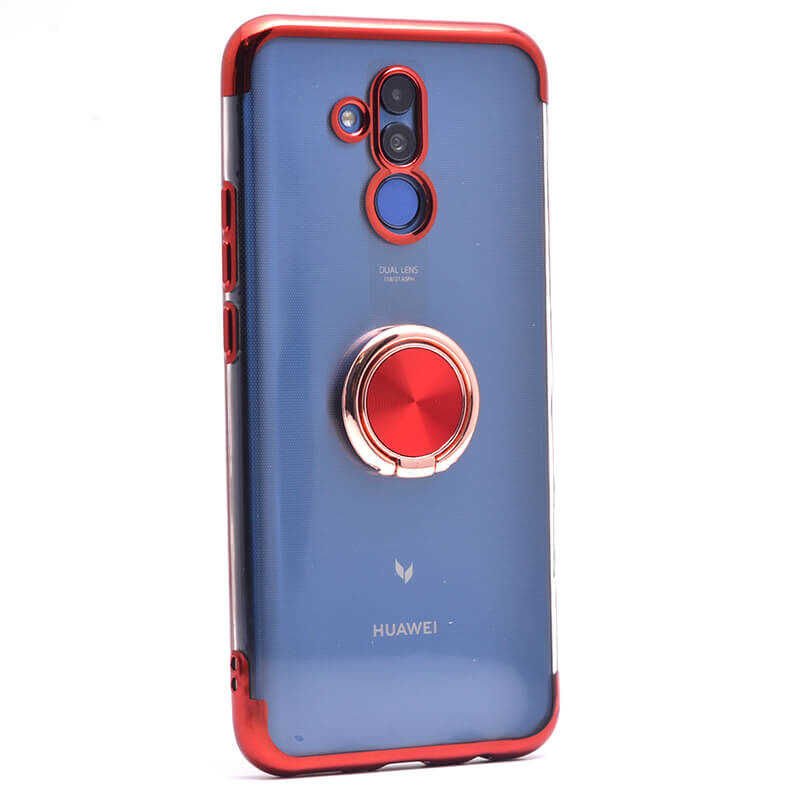 Huawei Mate 20 Lite Kılıf Yüzüklü Standlı Silikon Köşeleri Renkli Kapak (GES) Kırmızı-Rose Gold