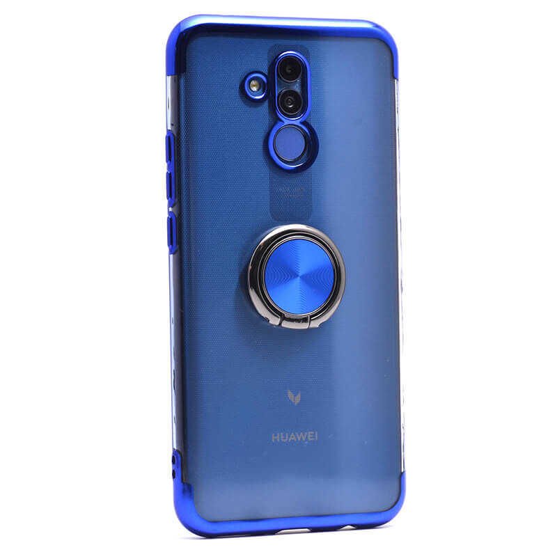 Huawei Mate 20 Lite Kılıf Yüzüklü Standlı Silikon Köşeleri Renkli Kapak (GES) Mavi