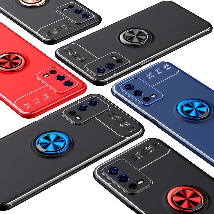 Oppo A55 4G Kılıf Kamera Çıkıntılı Renkli Yüzüklü Standlı Mıknatıslı Kapak (RAVEL) Siyah-Rose Gold