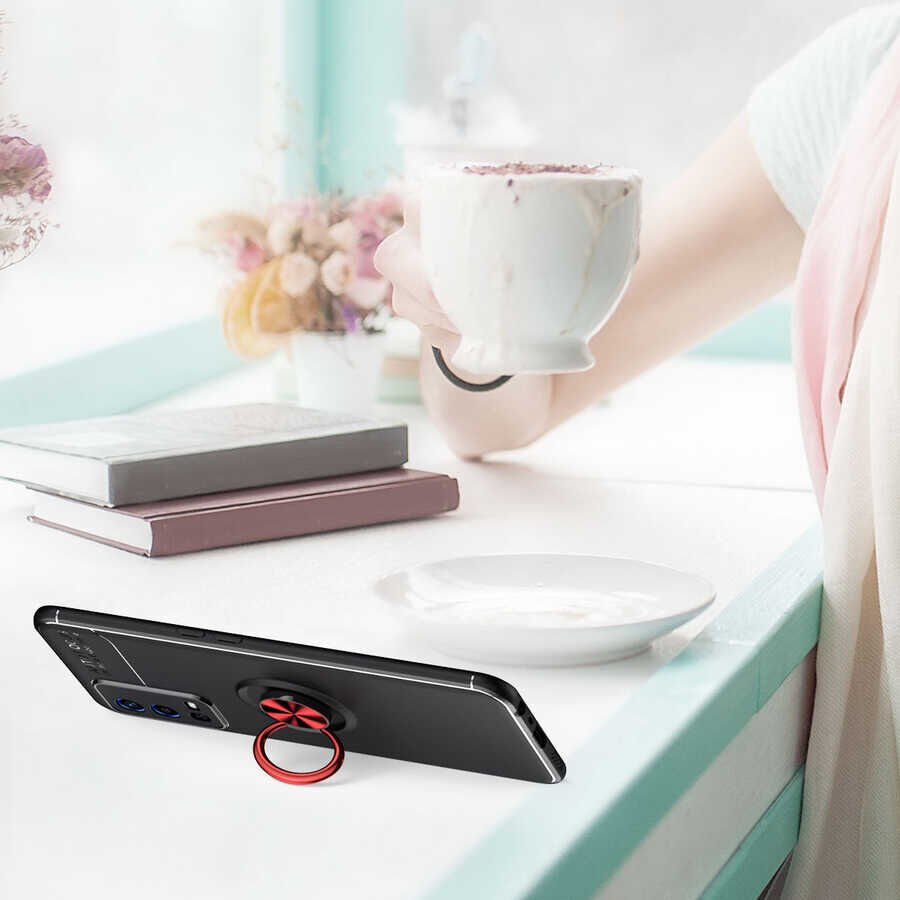 Oppo A55 4G Kılıf Kamera Çıkıntılı Renkli Yüzüklü Standlı Mıknatıslı Kapak (RAVEL) Siyah-Rose Gold