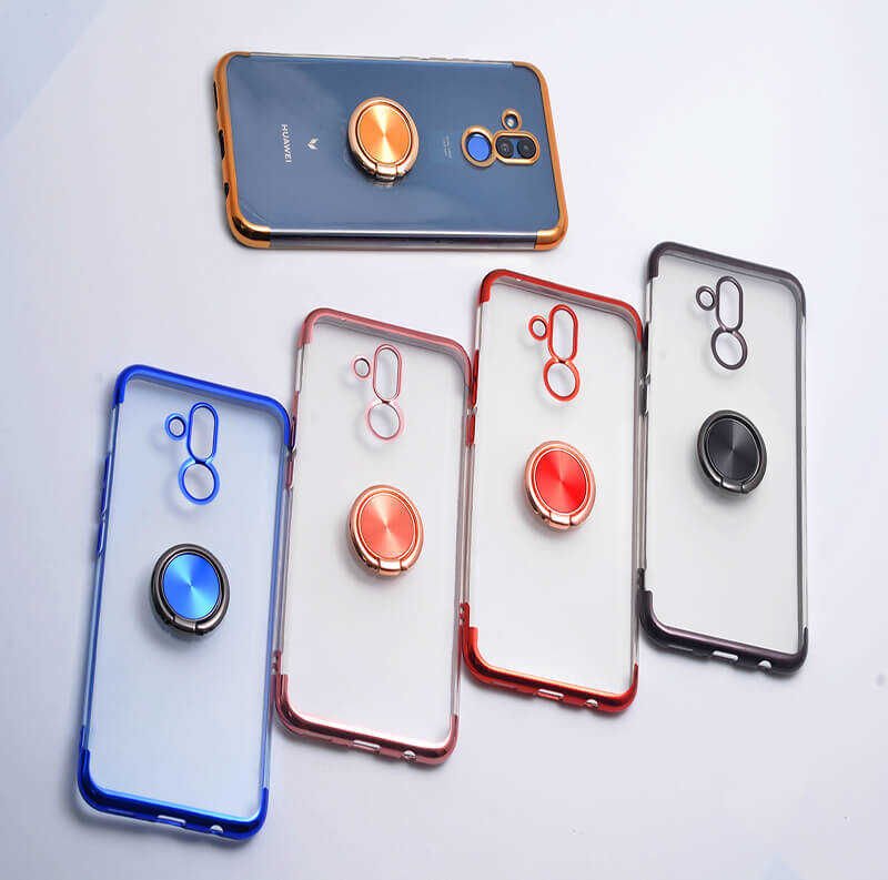 Huawei Mate 20 Lite Kılıf Yüzüklü Standlı Silikon Köşeleri Renkli Kapak (GES) Rose Gold