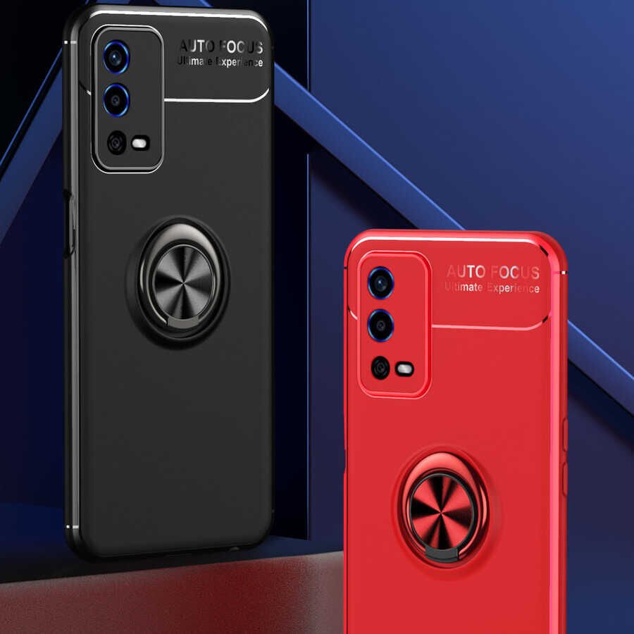 Oppo A55 4G Kılıf Kamera Çıkıntılı Renkli Yüzüklü Standlı Mıknatıslı Kapak (RAVEL) Kırmızı