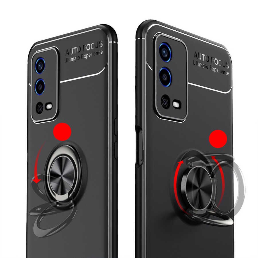 Oppo A55 4G Kılıf Kamera Çıkıntılı Renkli Yüzüklü Standlı Mıknatıslı Kapak (RAVEL) Kırmızı