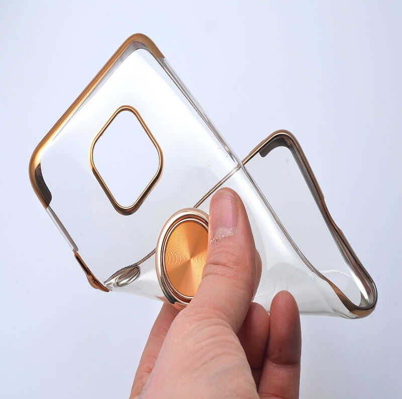 Huawei Mate 20 Pro Kılıf Yüzüklü Standlı Silikon Köşeleri Renkli Kapak (GES) Rose Gold