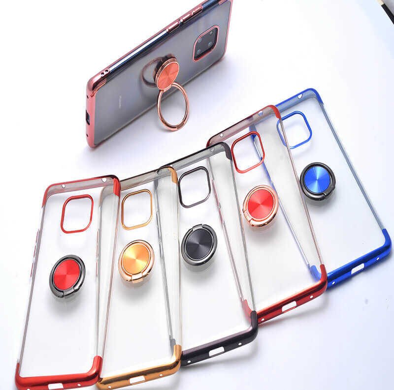 Huawei Mate 20 Pro Kılıf Yüzüklü Standlı Silikon Köşeleri Renkli Kapak (GES) Rose Gold