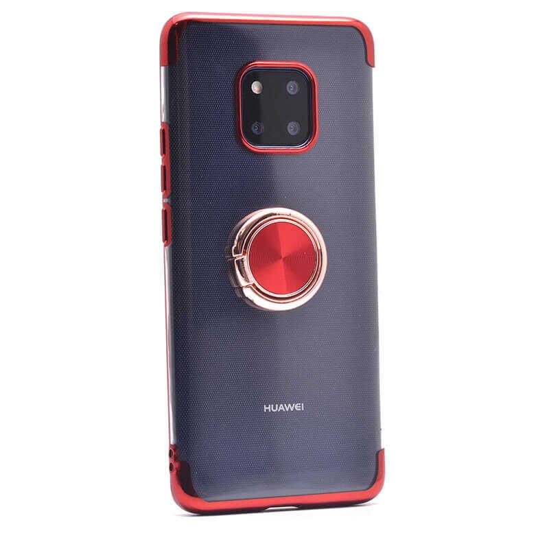 Huawei Mate 20 Pro Kılıf Yüzüklü Standlı Silikon Köşeleri Renkli Kapak (GES) Kırmızı-Rose Gold