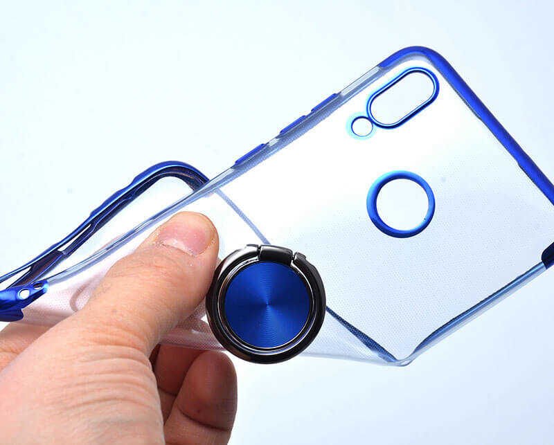 Huawei P Smart 2019 Kılıf Yüzüklü Standlı Silikon Köşeleri Renkli Kapak (GES) Siyah