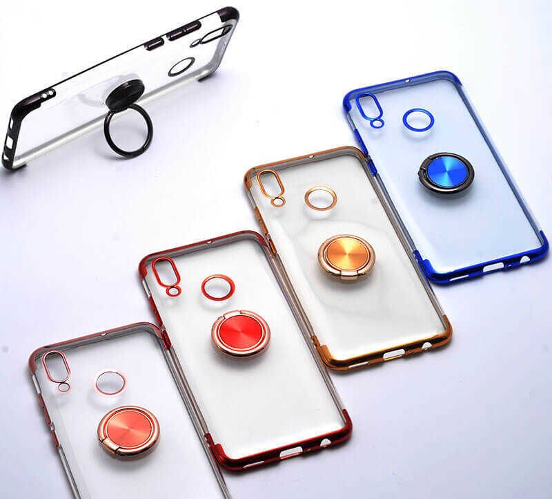 Huawei P Smart 2019 Kılıf Yüzüklü Standlı Silikon Köşeleri Renkli Kapak (GES) Kırmızı-Rose Gold