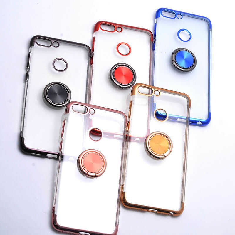 Huawei P Smart Kılıf Yüzüklü Standlı Silikon Köşeleri Renkli Kapak (GES) Mavi