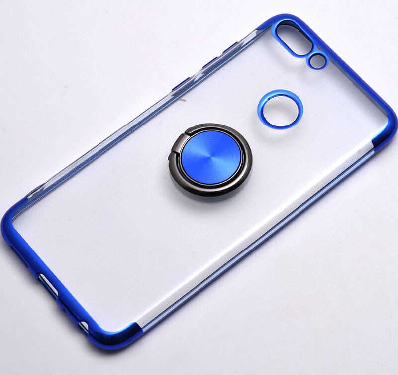 Huawei P Smart Kılıf Yüzüklü Standlı Silikon Köşeleri Renkli Kapak (GES) Mavi