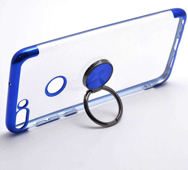 Huawei P Smart Kılıf Yüzüklü Standlı Silikon Köşeleri Renkli Kapak (GES) Gold