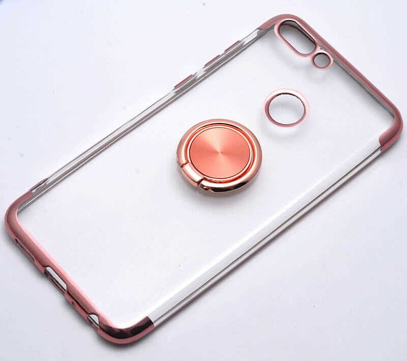 Huawei P Smart Kılıf Yüzüklü Standlı Silikon Köşeleri Renkli Kapak (GES) Rose Gold