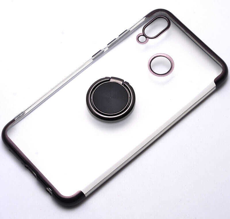 Huawei P20 Lite Kılıf Yüzüklü Standlı Silikon Köşeleri Renkli Kapak (GES) Siyah