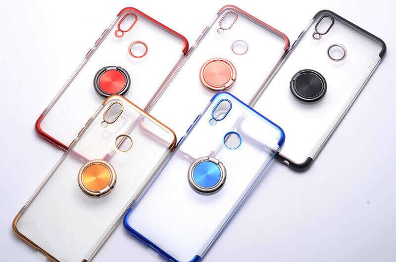 Huawei P20 Lite Kılıf Yüzüklü Standlı Silikon Köşeleri Renkli Kapak (GES) Gold