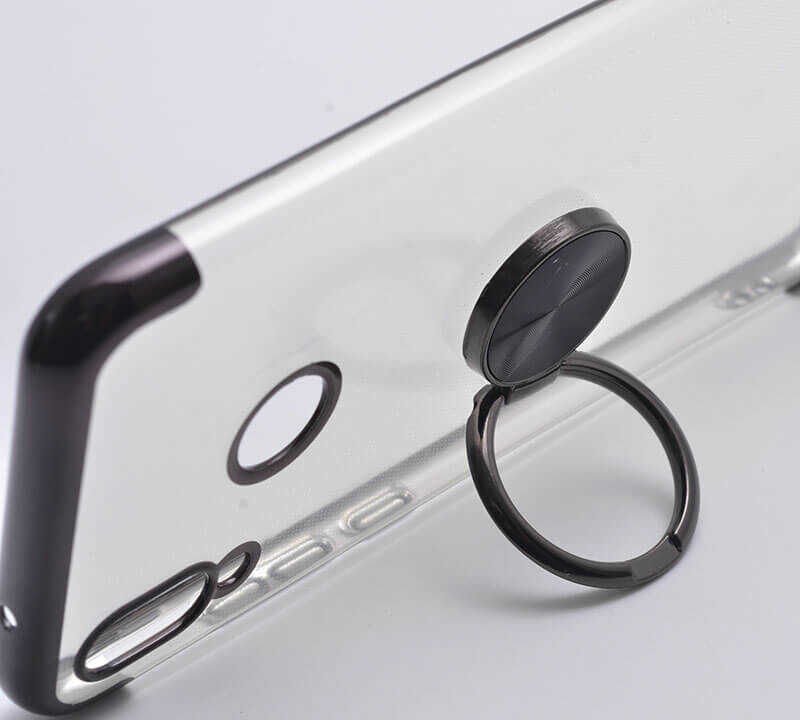 Huawei P20 Lite Kılıf Yüzüklü Standlı Silikon Köşeleri Renkli Kapak (GES) Siyah-Kırmızı