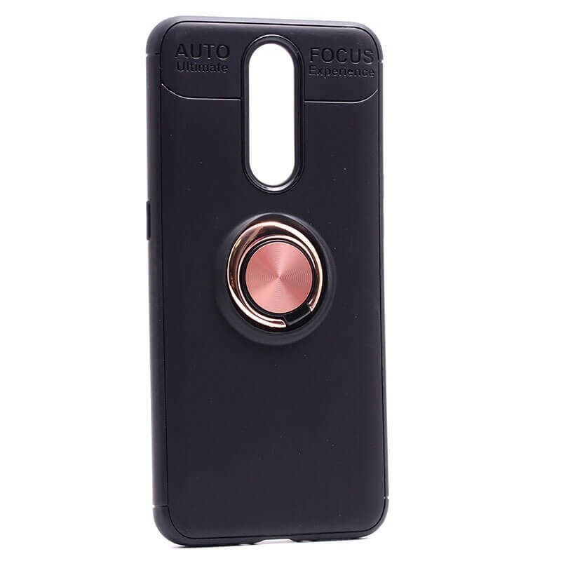 Oppo RX17 Pro Kılıf Kamera Çıkıntılı Renkli Yüzüklü Standlı Mıknatıslı Kapak (RAVEL) Siyah-Rose Gold