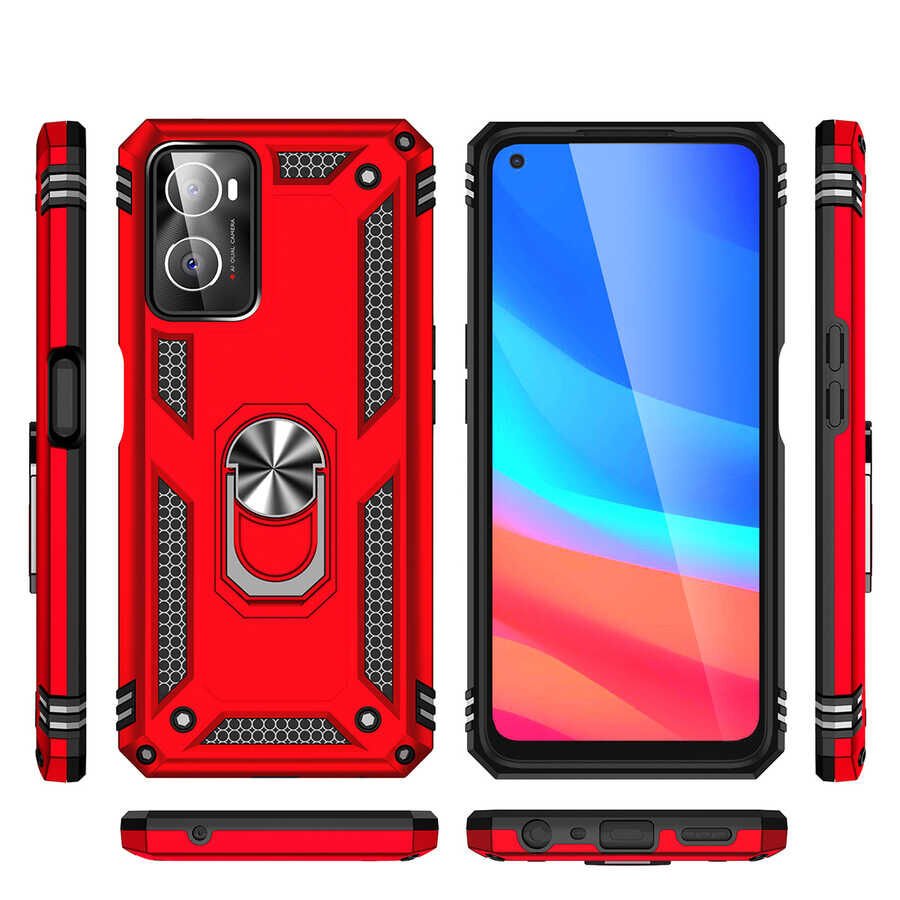Oppo A76 Kılıf Tank Zırh Yüzüklü Mıknatıslı Standlı Kapak (VEGA) Kırmızı