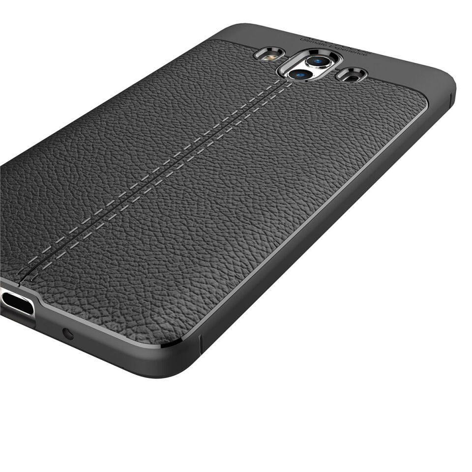 Huawei Mate 10 Kılıf Deri Görünümlü Renk Atmayan Dayanaklı Silikon Kapak (NİSS) Siyah