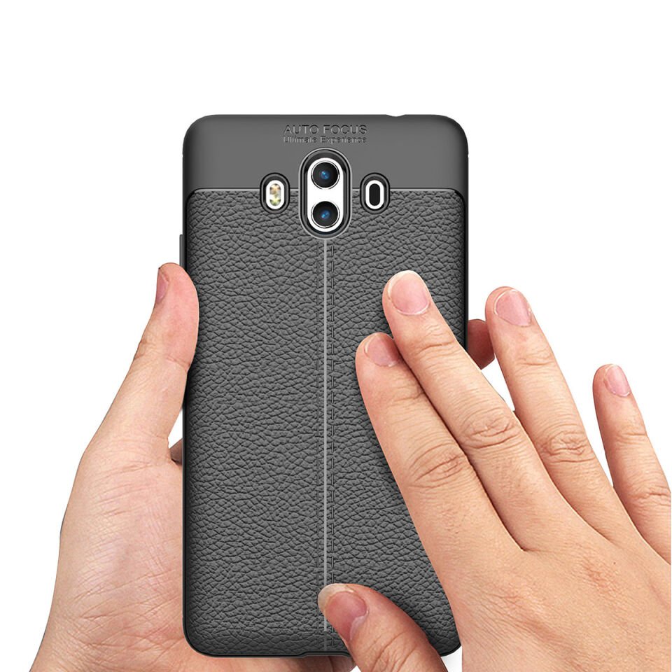 Huawei Mate 10 Kılıf Deri Görünümlü Renk Atmayan Dayanaklı Silikon Kapak (NİSS) Siyah