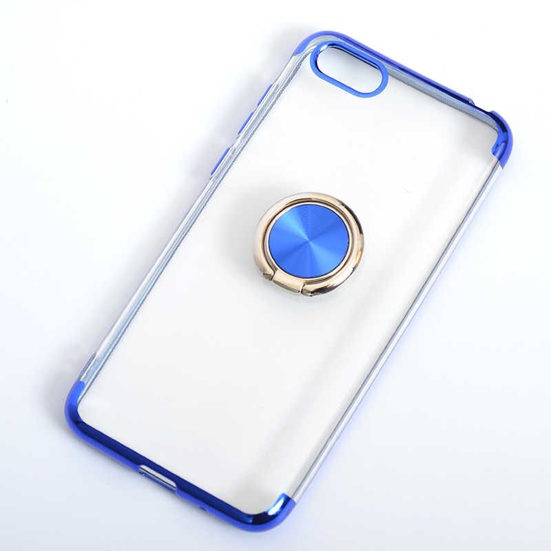 Huawei Y5 2018 Kılıf Yüzüklü Standlı Silikon Köşeleri Renkli Kapak (GES) Mavi